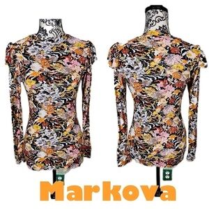 Markova fall floral print mock neck long sleeve shirt ruffle shoulder vibrant